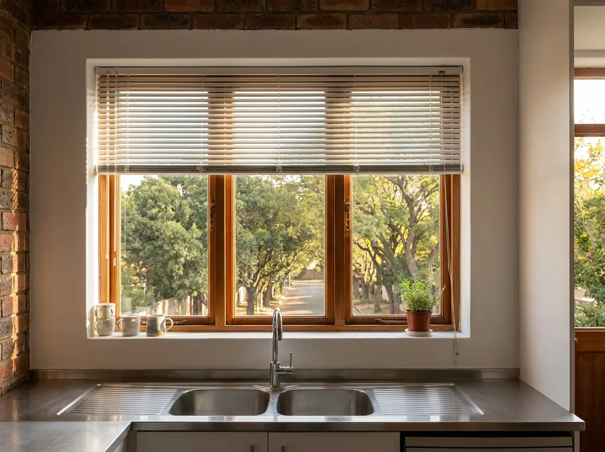 Aluminium venetian blind slats tilted against afternoon sun over a Parkwood kitchen window