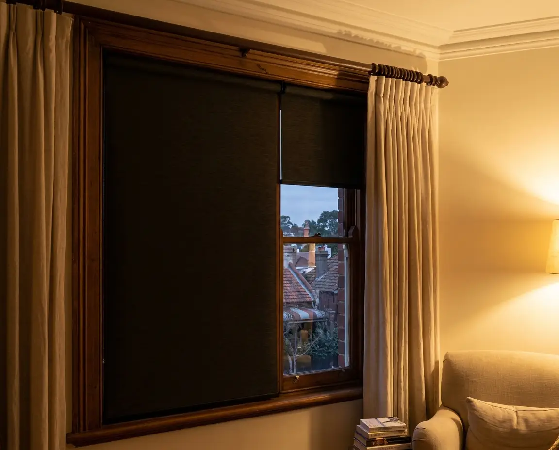 Blockout roller blind mounted behind the original curtain rail in a Parktown North bedroom