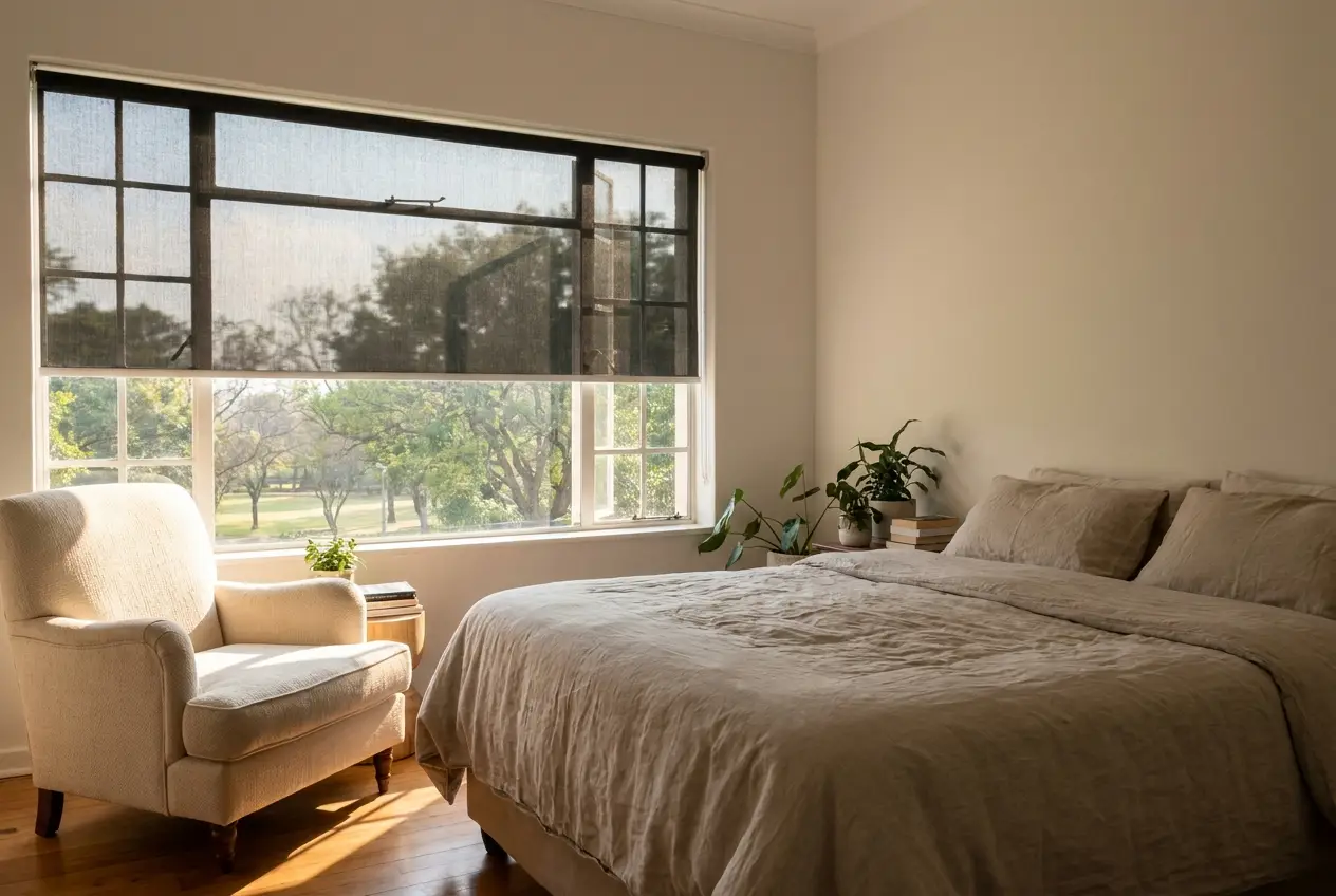 Bright park-facing bedroom in a renovated Parkview home with a blockout roller blind partially lowered