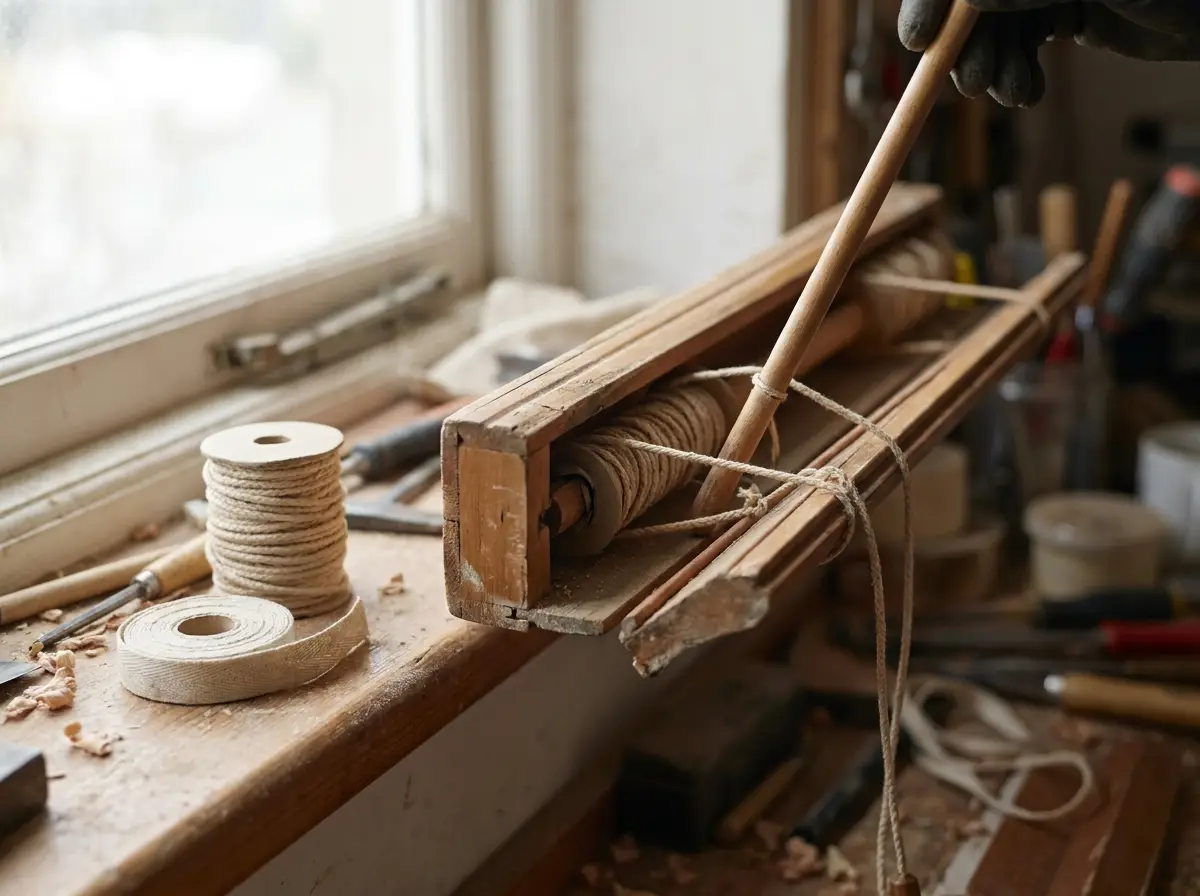 Close detail of timber blind slats and cord mechanism — repairs and restringing in Parktown North