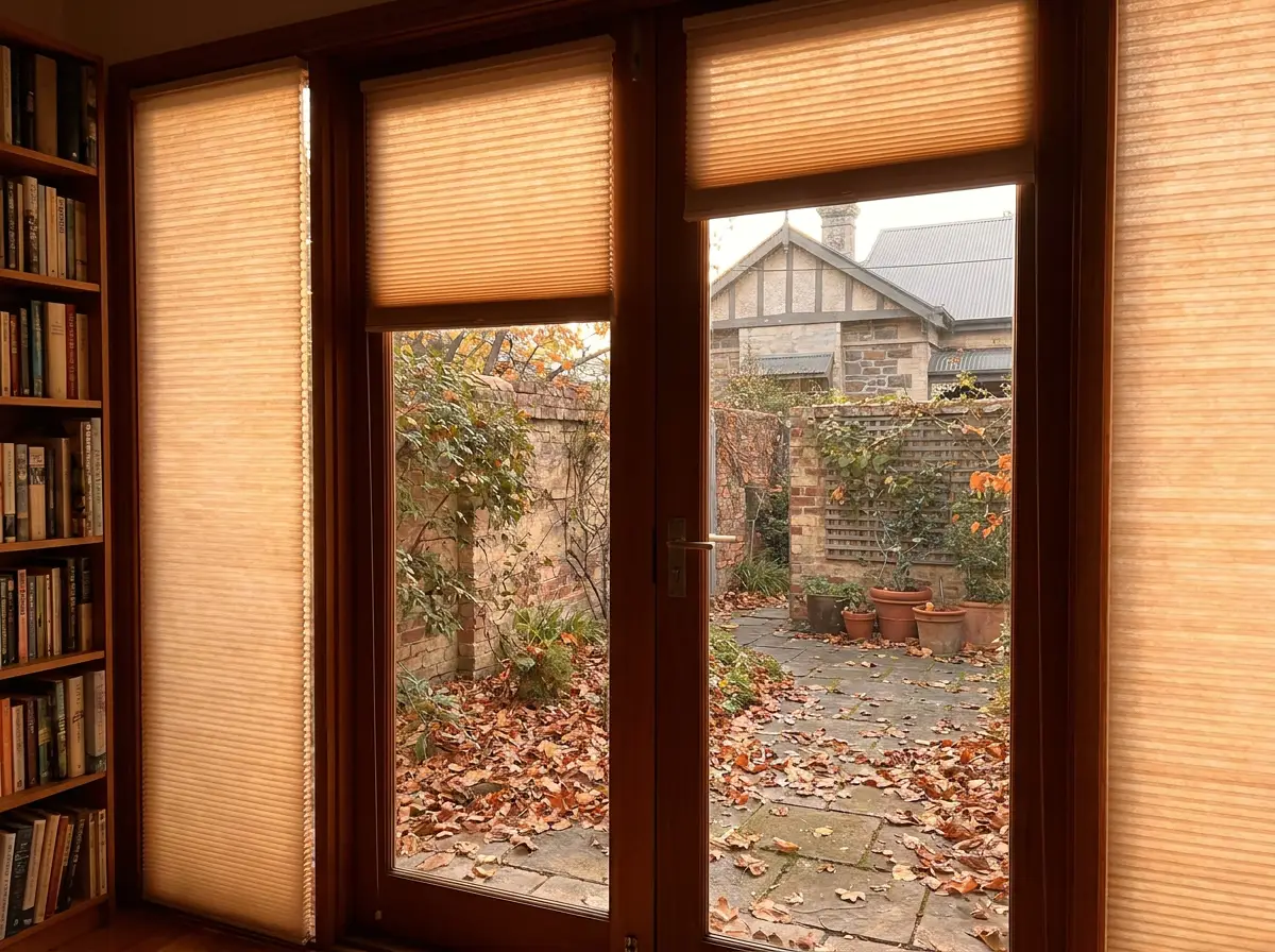 Cellular honeycomb blind glowing amber in late-afternoon light over French doors in a Parkwood courtyard