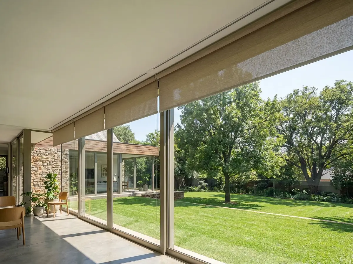 Blind fabric emerging from a concealed ceiling recess above glazing in a Forest Town garden-room extension