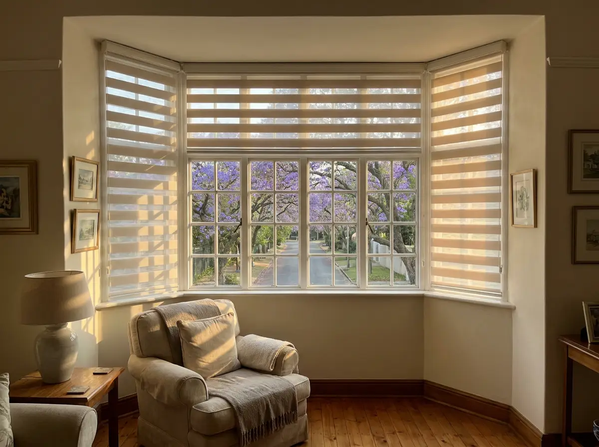 Banded day-and-night blind half open in a Saxonwold bay window with warm evening light through the sheer bands
