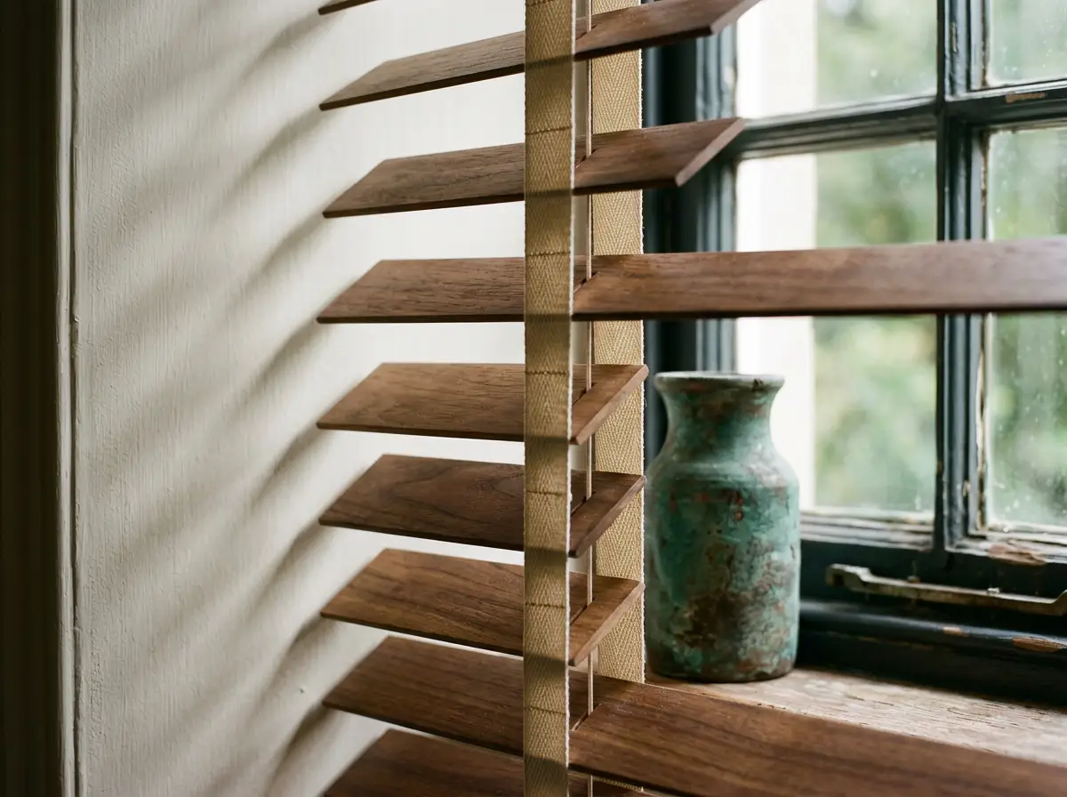 Close-up of timber venetian slats and ladder tape beside an original sash window