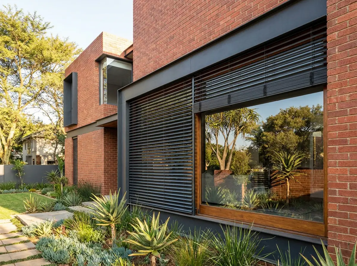 External aluminium venetian blinds mounted outside a window facade on a Forest Town house
