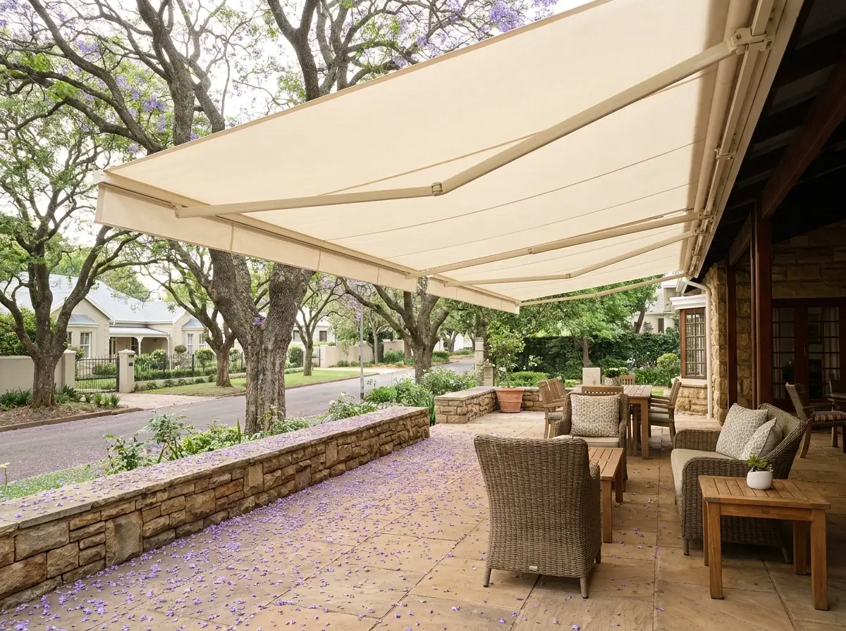 Retractable folding-arm awning fully extended over a stoep on a heritage Saxonwold home