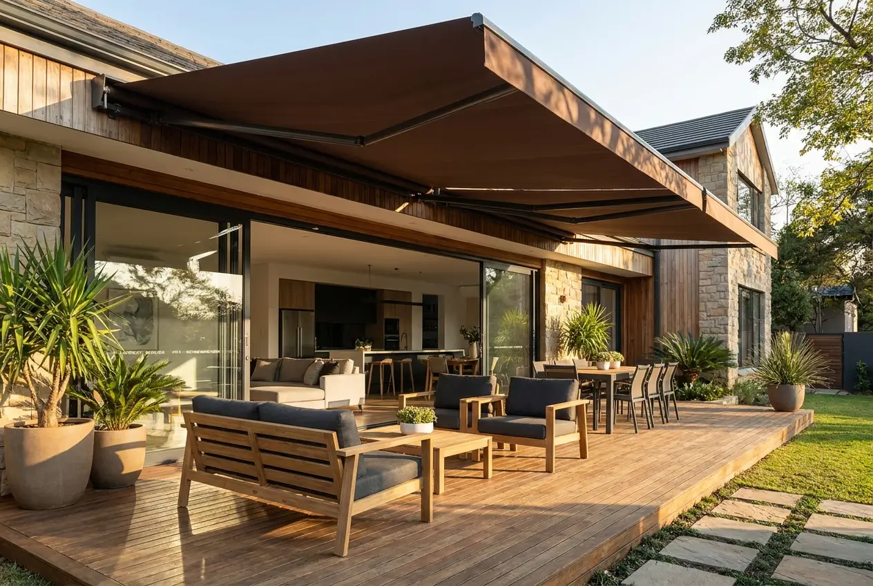 Retractable folding-arm awning extended over an outdoor deck on a renovated Parkwood home