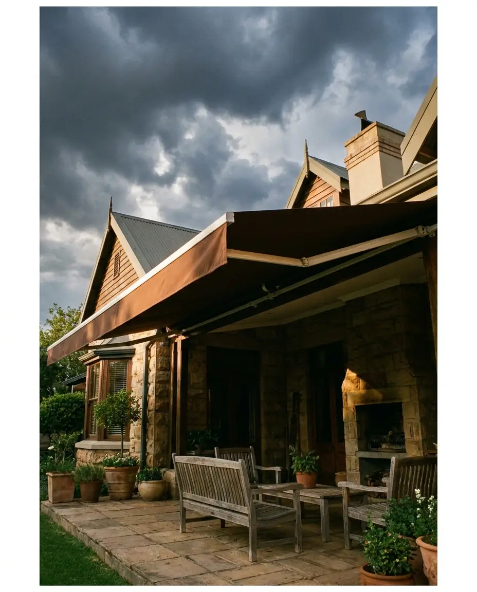 Folding-arm awning extended over a stone-paved stoep as storm clouds gather, Parktown North