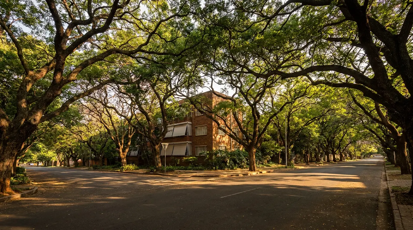 A different tree-lined Parktown North avenue under a jacaranda and oak canopy, a brick facade behind the greenery with external roller screens above the ground-floor windows