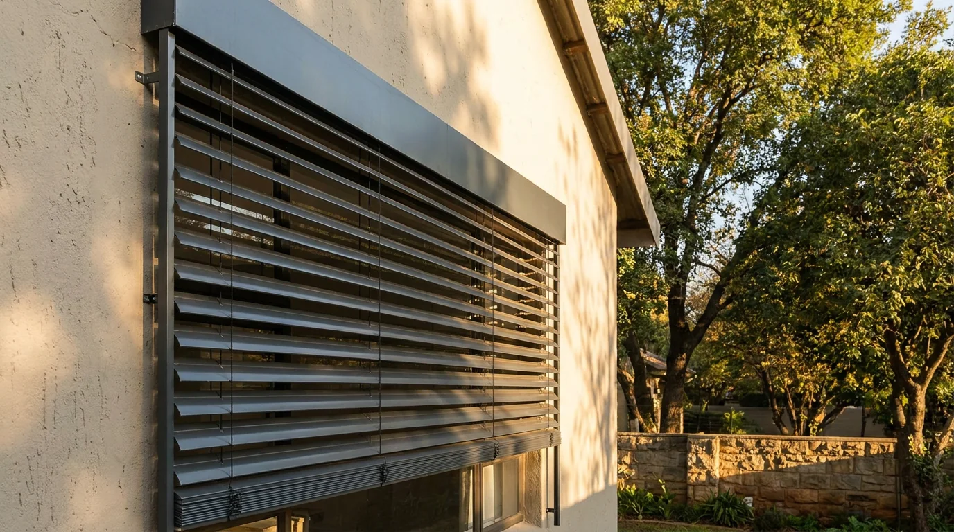 An external venetian blind mounted outside a west-facing window on a plastered older Johannesburg house, wide aluminium slats held in slim vertical side guides and tilted to throw shade onto the glass before the sun reaches it
