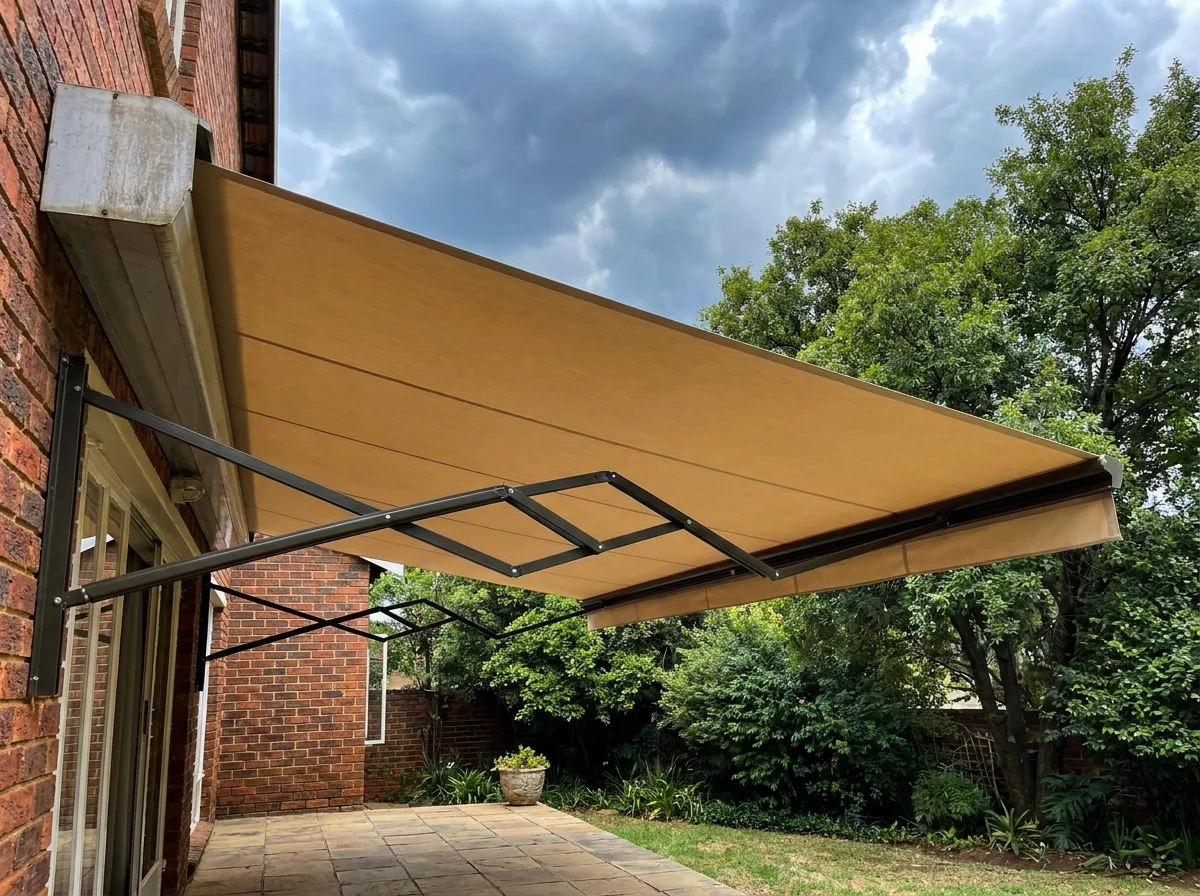 A folding-arm awning with a flat taut fabric canopy fully extended over a paved stoep at the back of an older face-brick Johannesburg home, articulated metal arms visible beneath the canopy and a summer storm sky building behind the garden trees