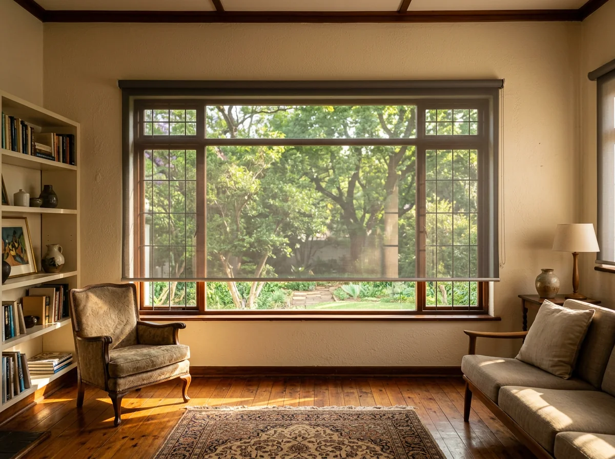 A single flat open-weave sunscreen roller blind on a tube, no folds, lowered over a wide west-facing living-room window in a character home late in the afternoon, cutting the low glare while the garden trees stay visible through the weave
