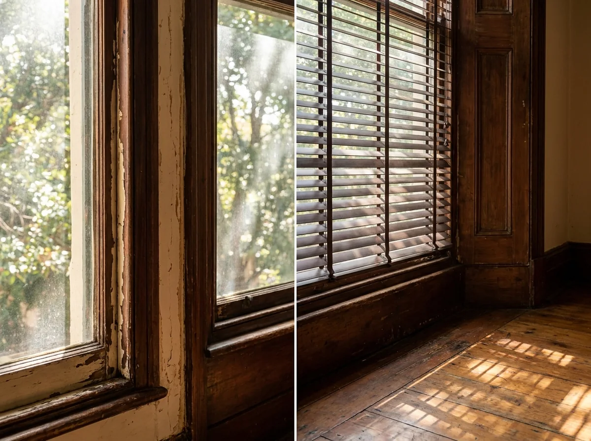 Side-by-side in a Parktown North heritage home: a weathered timber sash window frame with peeling paint on one side, and the same style reveal fitted with a timber venetian blind on the other, its horizontal wood slats tilted half open and casting striped bands of light across the wooden floor
