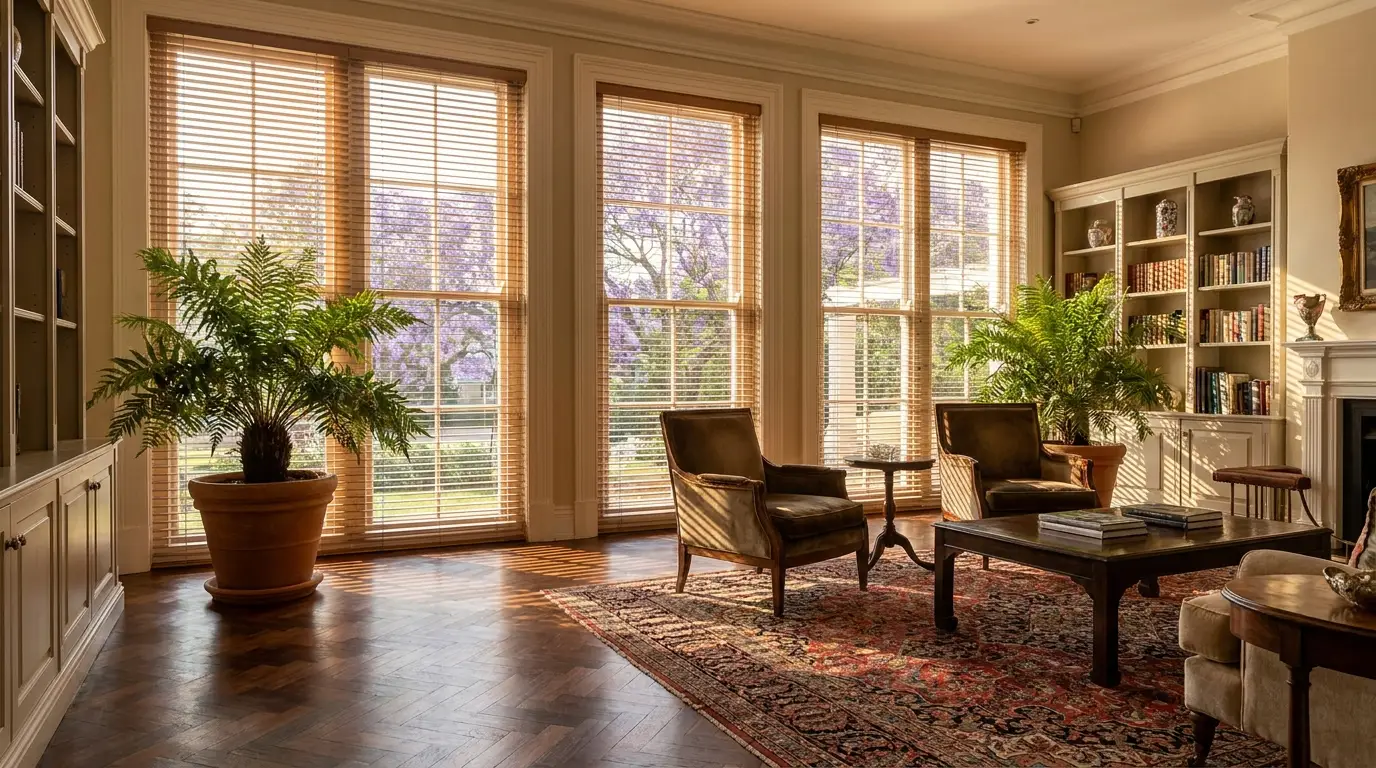 Grand Saxonwold living room with timber venetian blinds tilted half-open on tall original sash windows, jacarandas visible outside