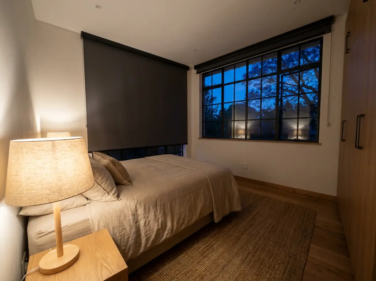 Motorised roller blind lowering with no visible cords in a Parktown North bedroom at dusk