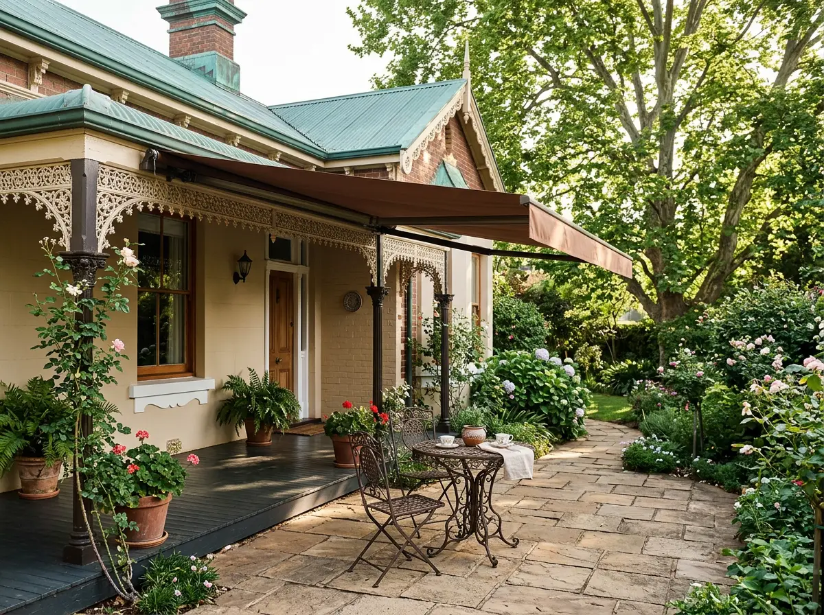 Outdoor patio with a fold-arm awning shading a Parktown North garden setting