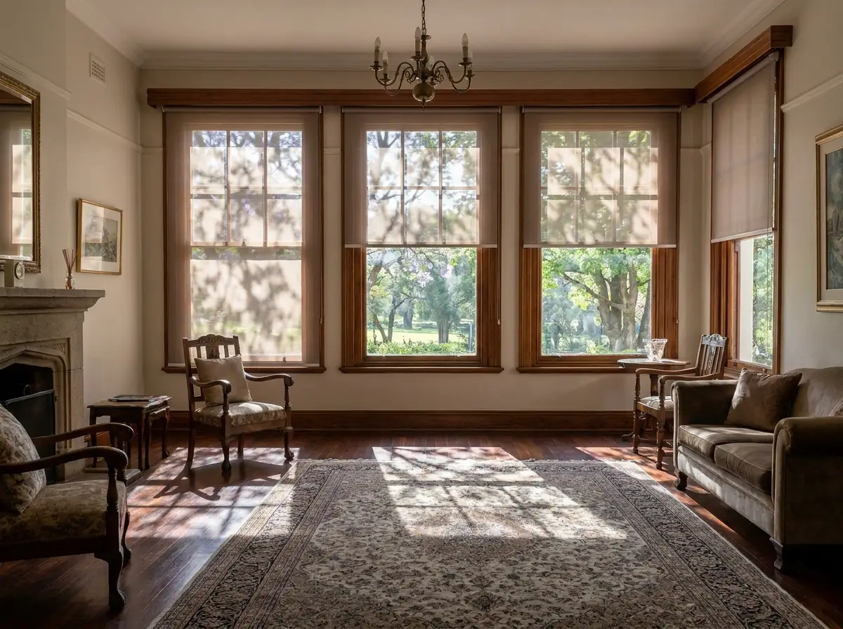 Taupe sunscreen roller blind softening midday light through a sash window in a Parktown North living room