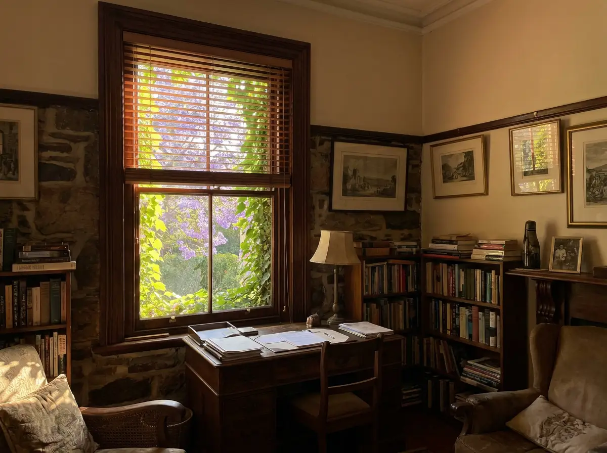Basswood timber venetian blind half-tilted in an original sash window of a Parktown North study