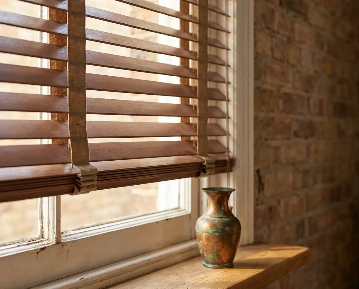 Close-up of timber venetian slats and ladder tape beside an original sash window, with a verdigris vase on the sill
