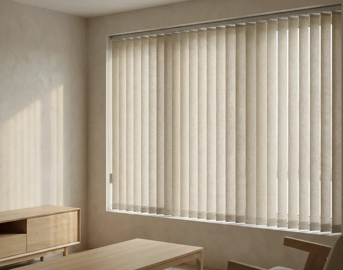Linen vertical blind vanes drawn across a wide living-room window in Parkview