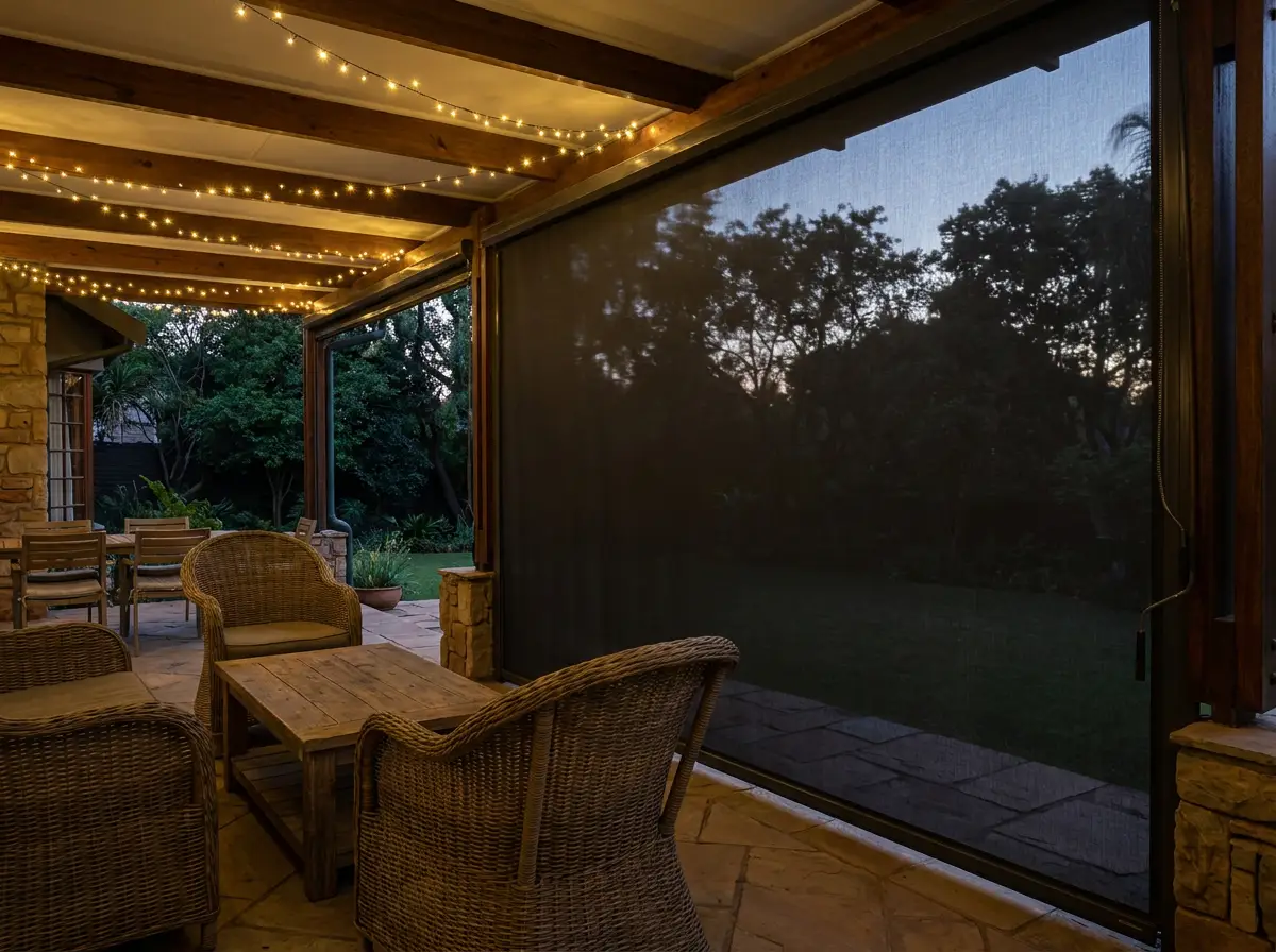 Wind-proof zip screen partially closed across a covered patio near the Zoo Lake greenbelt at dusk